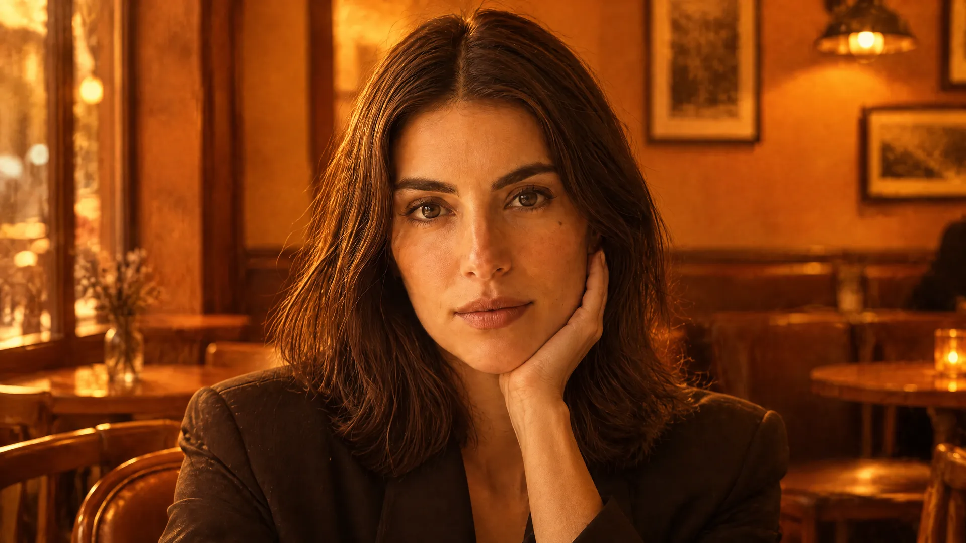 An AI-generated portrait of Mara in a cafe bathed in heavy orange light, a deliberate example of environmental takeover where the setting overwhelms her brand palette; created on getimg.ai.