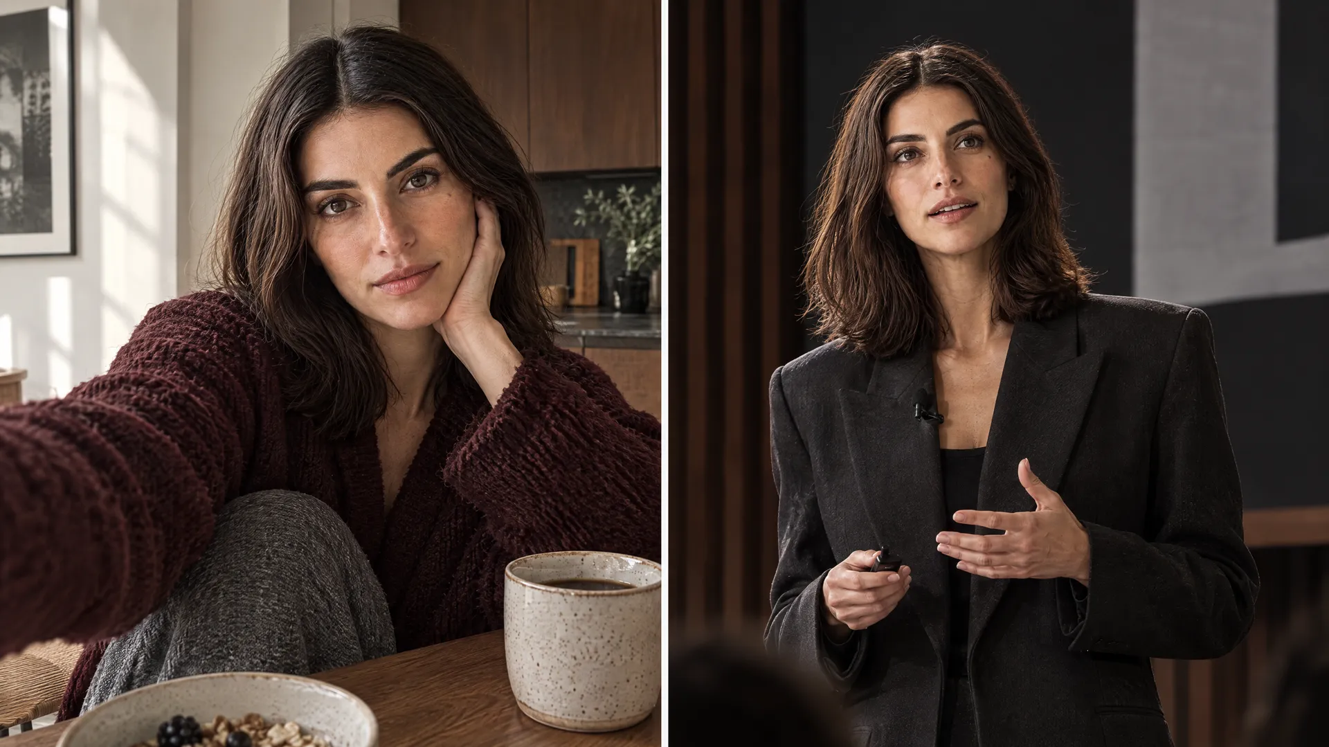 An AI-generated two-panel comparison of Mara, a cosy UGC selfie beside a keynote-stage shot, showing how different post formats can look distinct yet still read as one brand; created on getimg.ai.