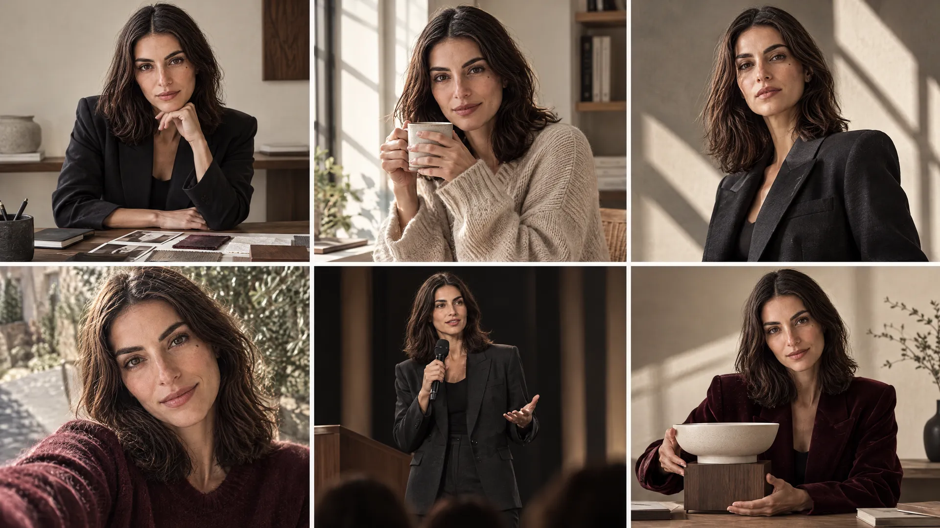 An AI-generated six-post social grid of Mara across desk, cafe, studio, selfie, keynote and product shots, showing varied post purposes unified by one brand fingerprint; created on getimg.ai.