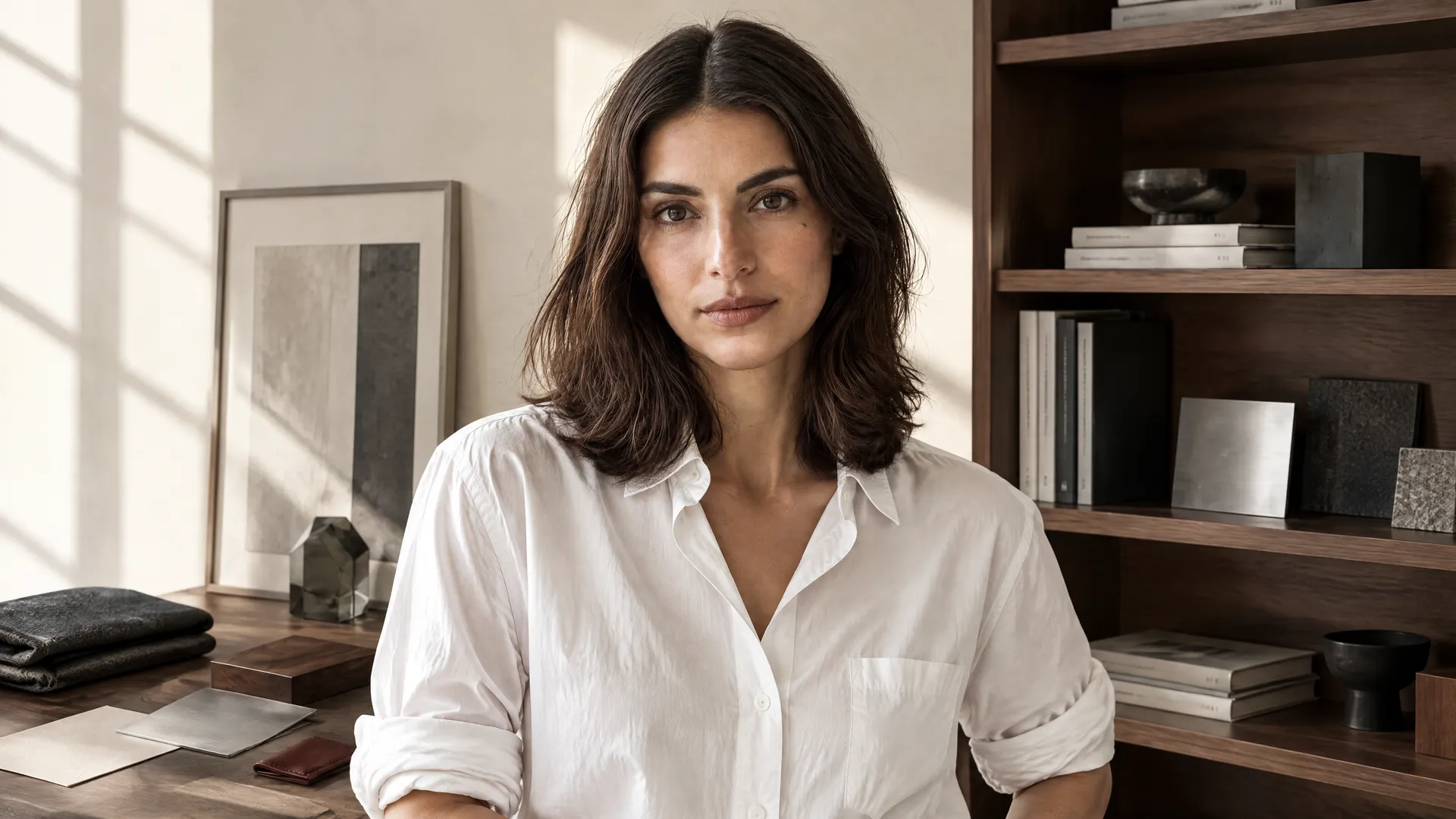 An AI-generated portrait of Mara in a crisp white shirt beside dark wood shelving and material samples, a Round 2 wardrobe swap that stays editorial rather than turning corporate; created on getimg.ai.