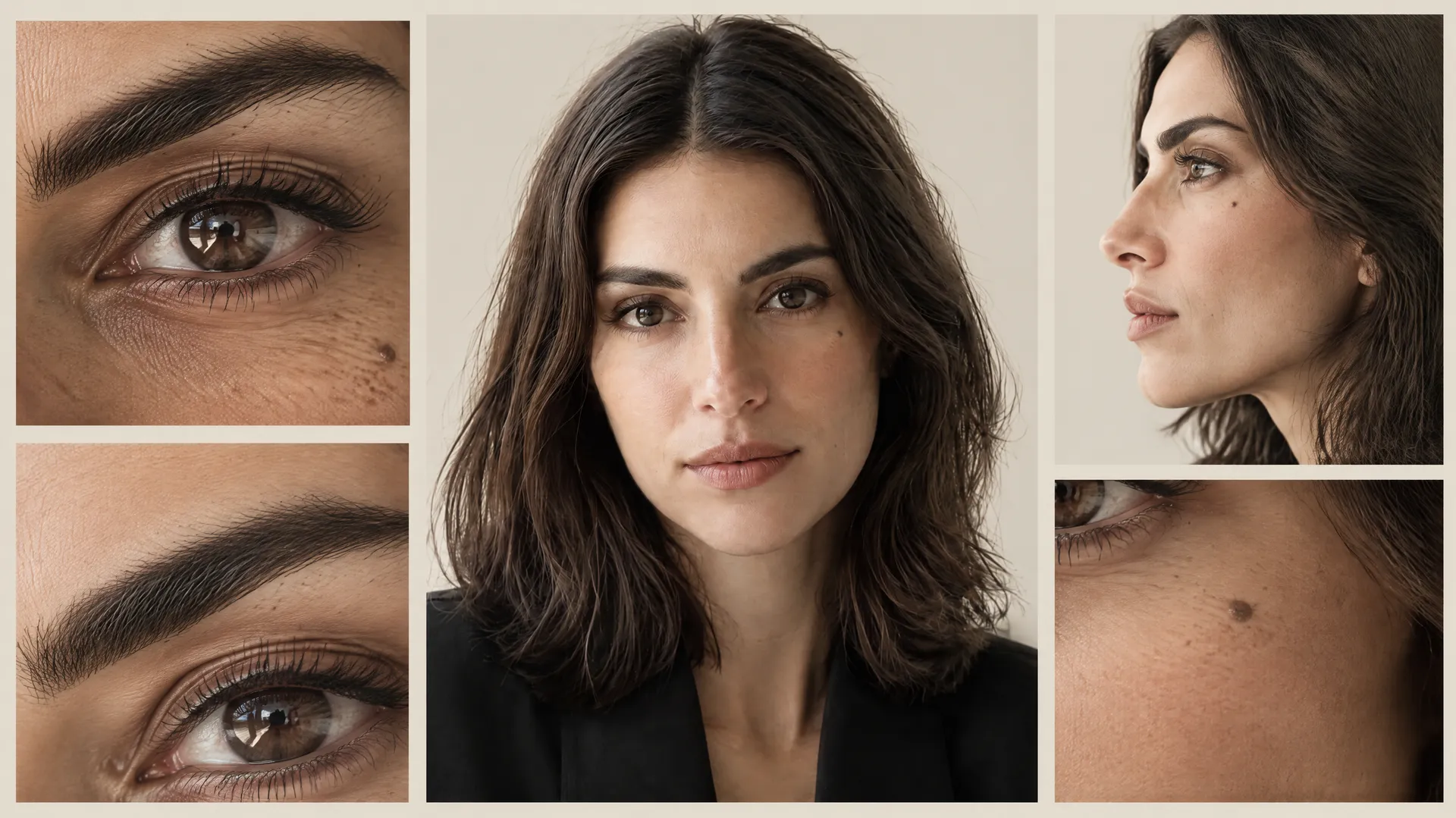An AI-generated detail sheet of Mara, macro crops of her eye, brow, side profile and the small mole on her shoulder around a central portrait, the identity anchors the test checks; created on getimg.ai.