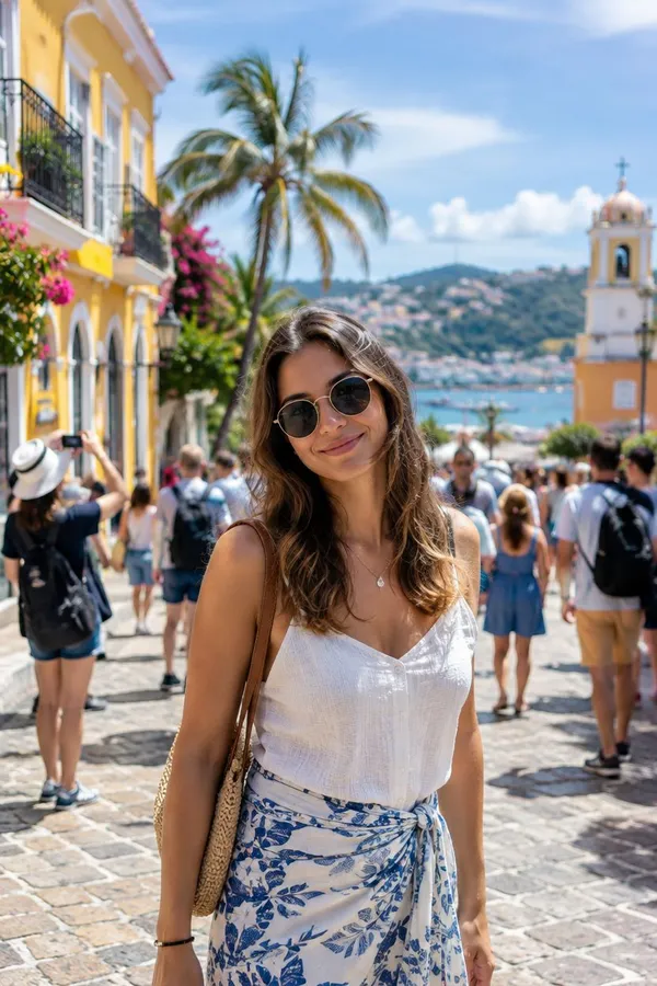 Before AI object removal: a smiling woman in sunglasses and a white top poses on a sunny seaside tourist street with a palm tree, yellow colonial building, and bay behind her, while a crowd of tourists and passers-by fills the background. Example photo created with getimg.ai showing a shot with a distracting crowd that needs removing.