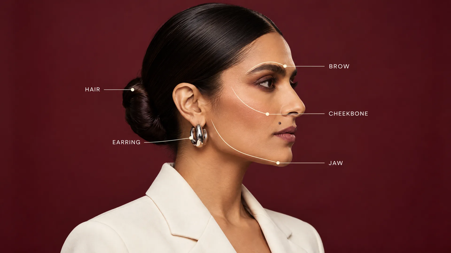 Side profile of a fictional model in a cream blazer annotated with brow, cheekbone, jaw, hair and earring labels, generated on getimg.ai to show how to verify a profile against the reference in a guide to creating an AI photoshoot from one photo