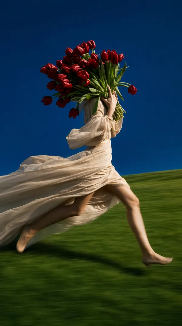 Woman running across surreal green hill, bouquet of red tulips hiding her face, deep blue sky, motion blur, cinematic fashion editorial.