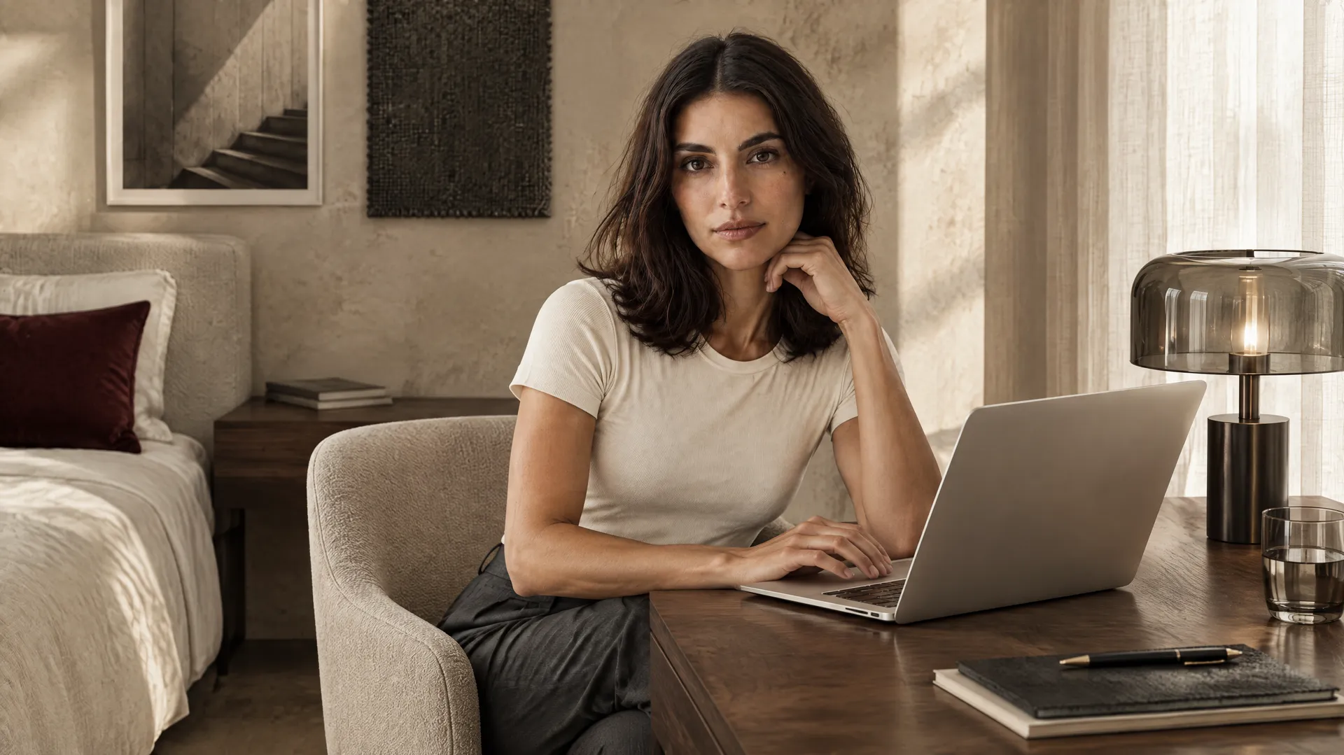 An AI-generated shot of Mara in a white tee working at a desk in a warm bedroom-office with a burgundy cushion and glass lamp, a Round 3 location variation; created on getimg.ai.