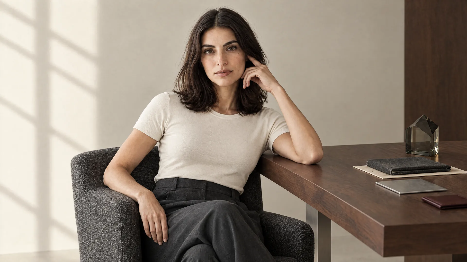 An AI-generated shot of Mara seated in a boucle chair by a dark walnut desk in a white tee and grey trousers, a relaxed Round 1 pose testing whether her face holds at a distance; created on getimg.ai.