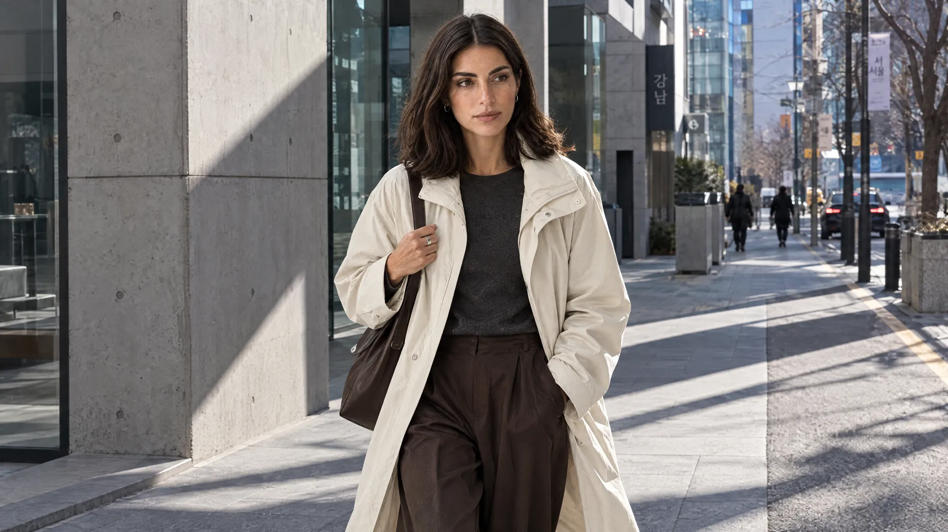 An AI-generated shot of Mara in a cream trench and brown trousers on a Seoul street with Korean signage, the Round 5 new-city-and-architecture test; created on getimg.ai.