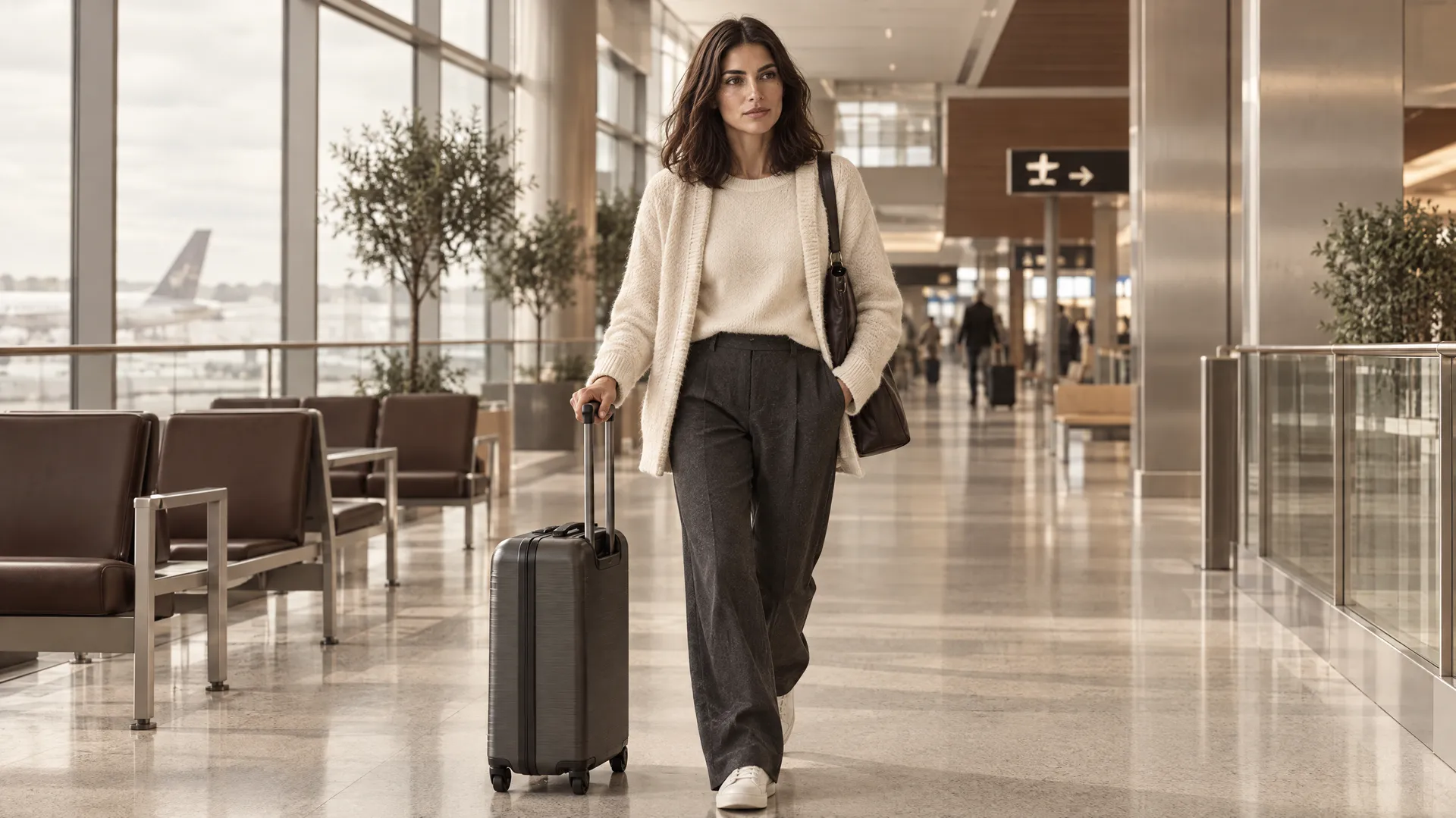 An AI-generated shot of Mara walking through a bright airport terminal in a cream cardigan and graphite trousers with a suitcase, the on-brand Round 3 travel post that holds a warm neutral palette; created on getimg.ai.