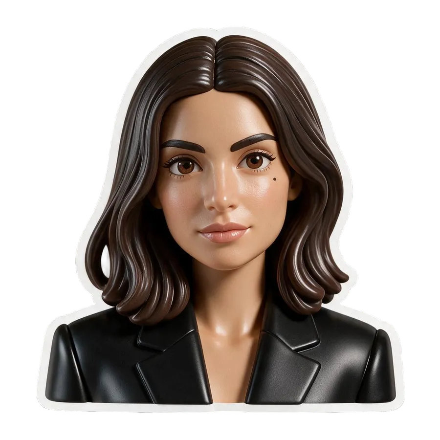 The same woman redrawn as a die-cut AI sticker in a glossy 3D cartoon style, generated by the Sticker maker on getimg.ai.