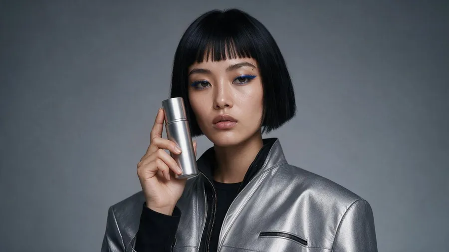 The AI character holding a silver cylindrical skincare bottle beside her face on a grey backdrop, an on-brand product shot generated with getimg.ai.
