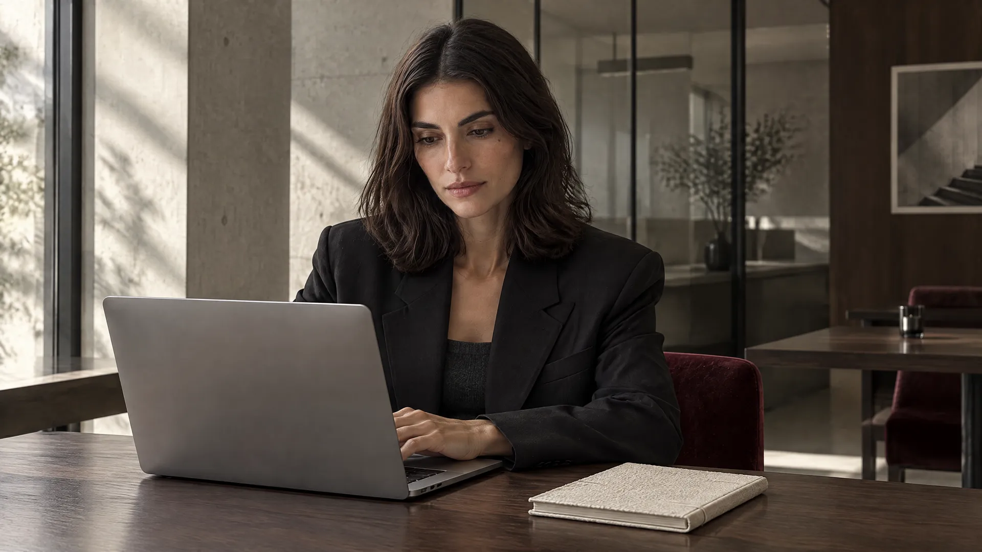 An AI-generated shot of Mara in a black blazer working on a laptop in a concrete cafe interior with burgundy chairs, a Round 3 location test; created on getimg.ai.