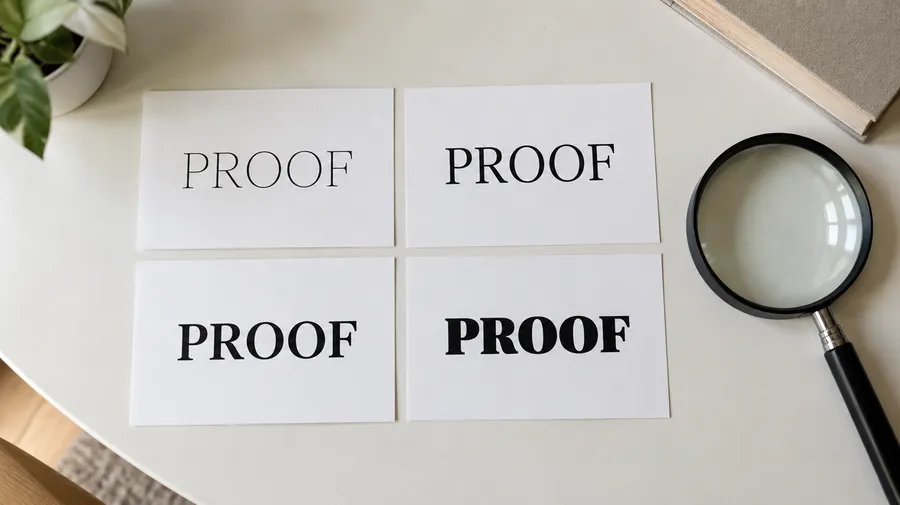 Four printed proof cards showing the word PROOF in different weights beside a magnifying glass