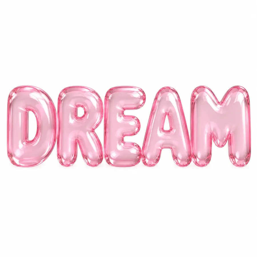 Word art reading DREAM in inflated pink translucent bubble letters on a white background