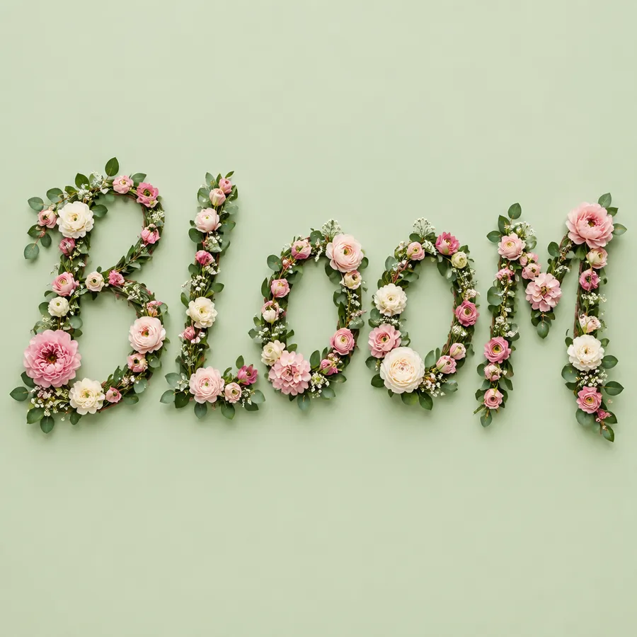Script lettering reading BLOOM formed from pink and cream flowers and green leaves
