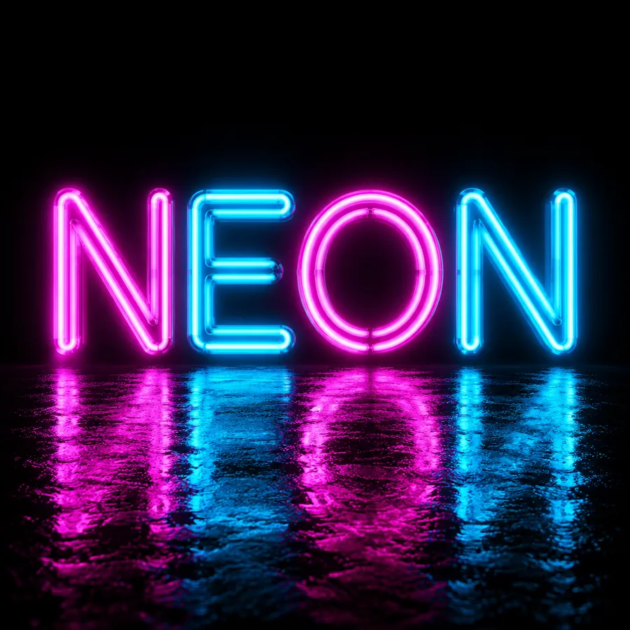 Glowing neon tube lettering reading NEON in magenta and cyan on a black background