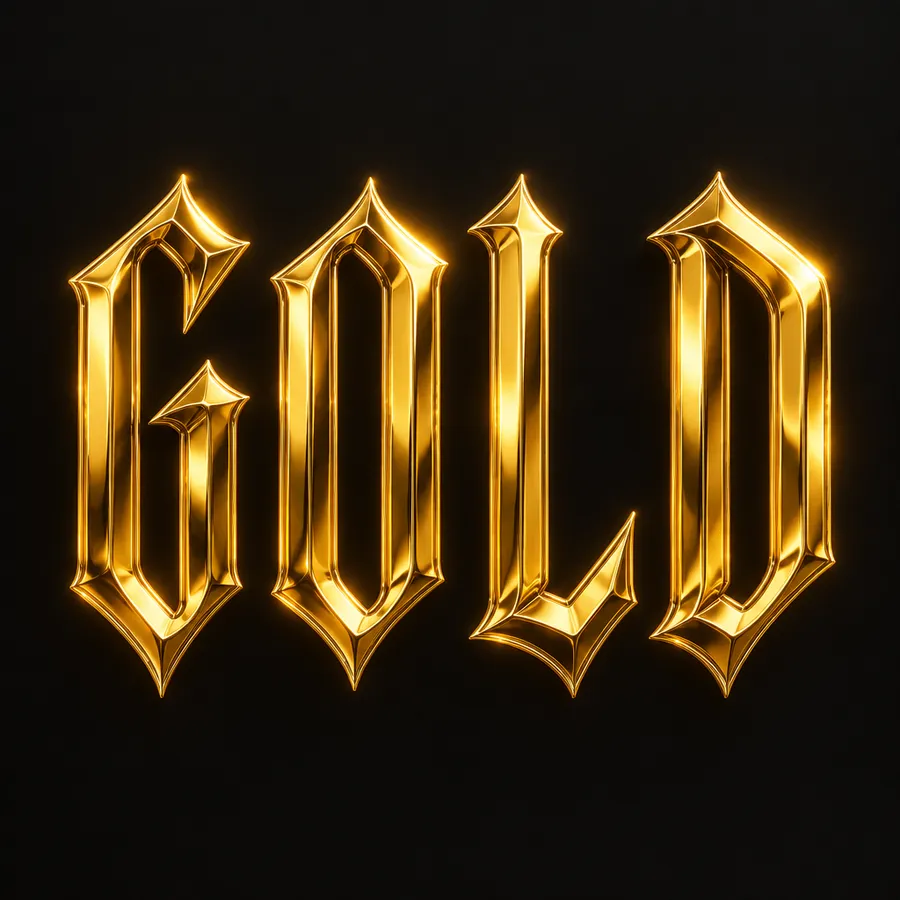 Gothic blackletter capitals reading GOLD in polished gold metal on a charcoal background
