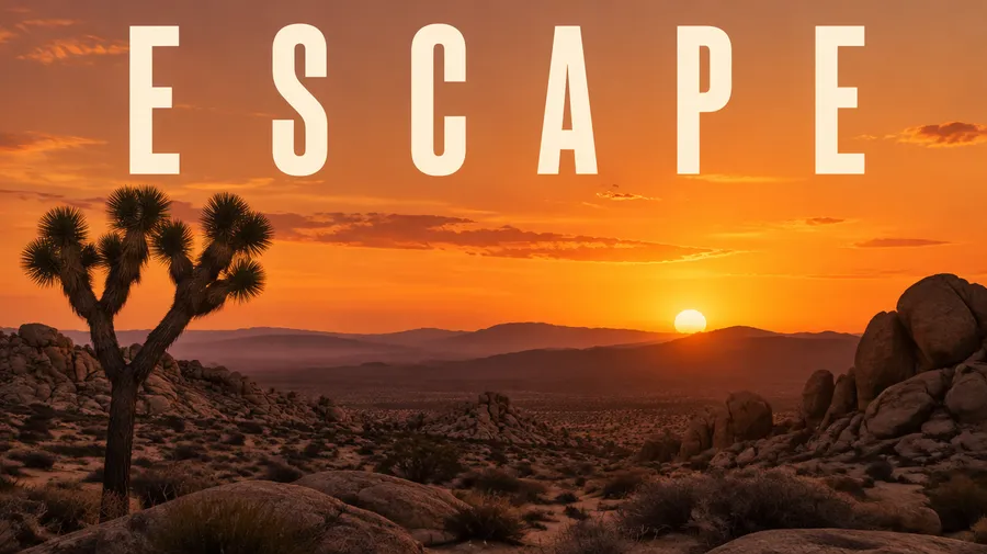 Desert dusk poster with the headline word ESCAPE in cream condensed capitals