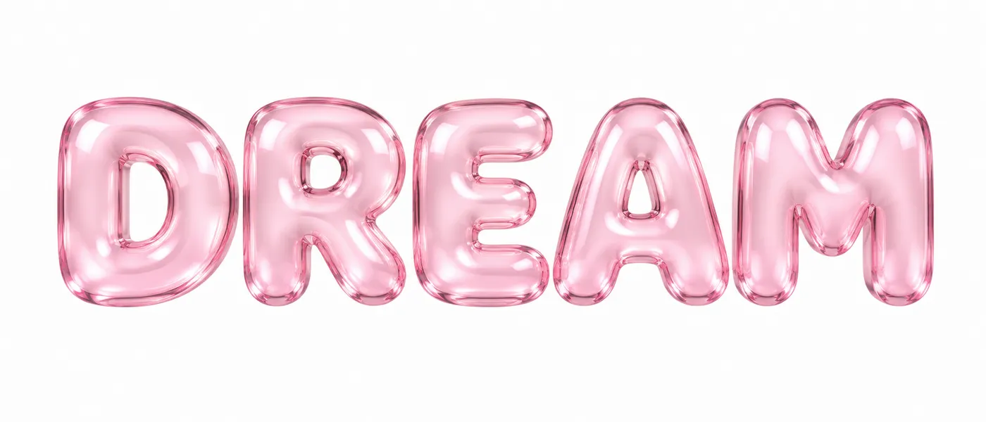 Ultrawide word art reading DREAM in translucent pink bubble letters on white