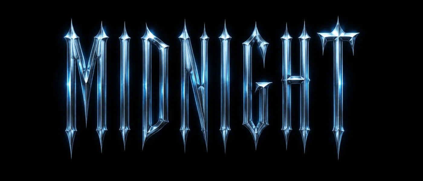 Ultrawide word art reading MIDNIGHT in gothic chrome lettering on black