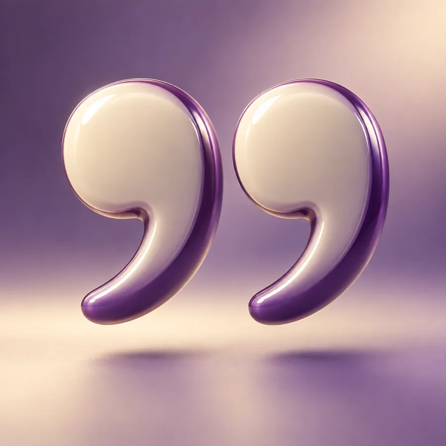 Two large glossy quotation mark symbols on a purple and cream gradient surface