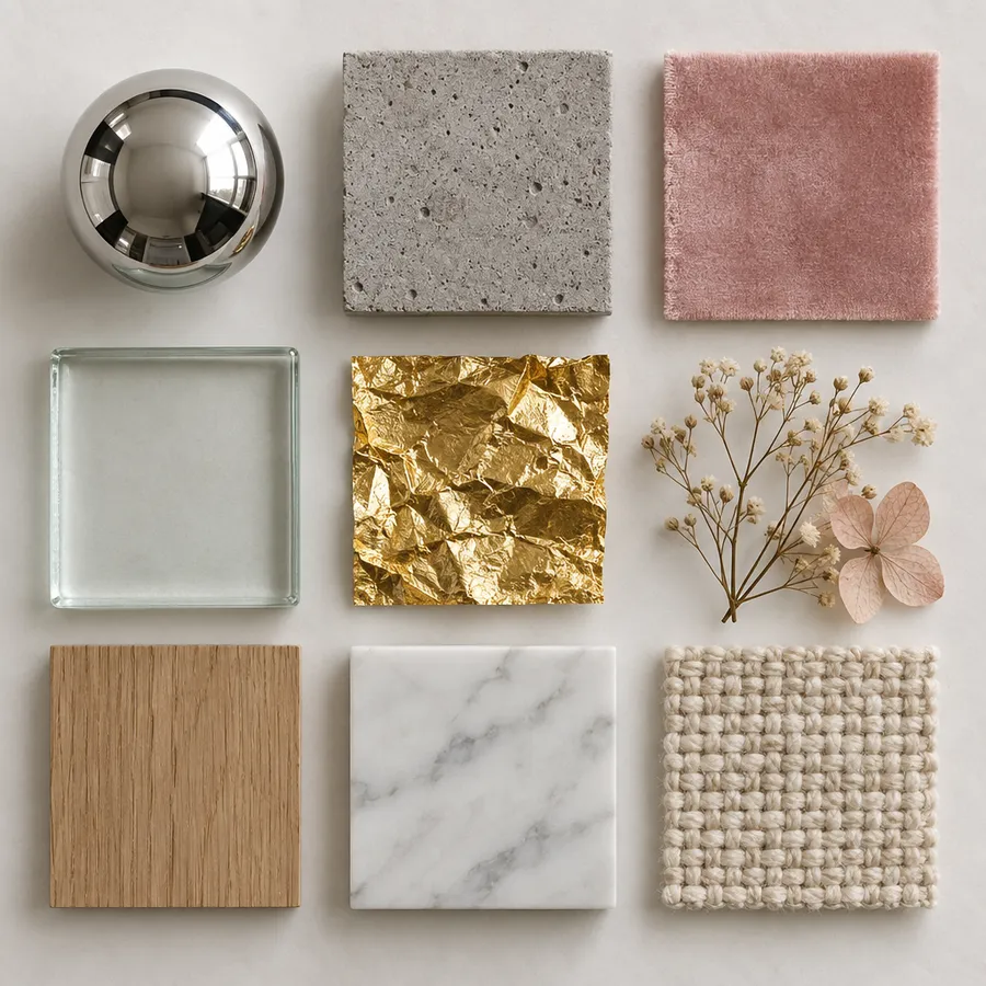 Flat lay grid of material swatches: chrome, concrete, velvet, glass, gold foil, dried flowers