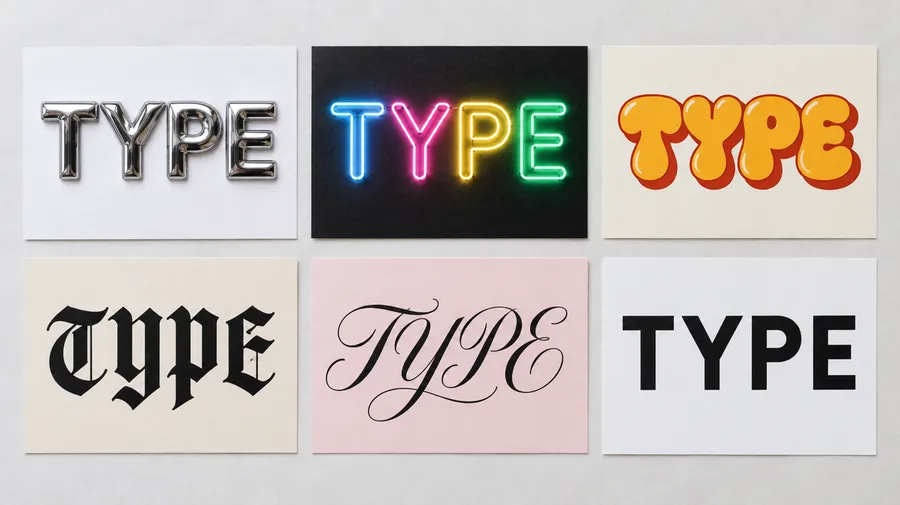 Six printed cards showing the word TYPE in chrome, neon, bubble, gothic, script and sans-serif lettering