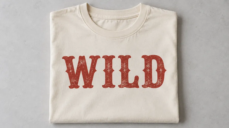 Folded cream t-shirt printed with the word WILD in distressed red western serif lettering