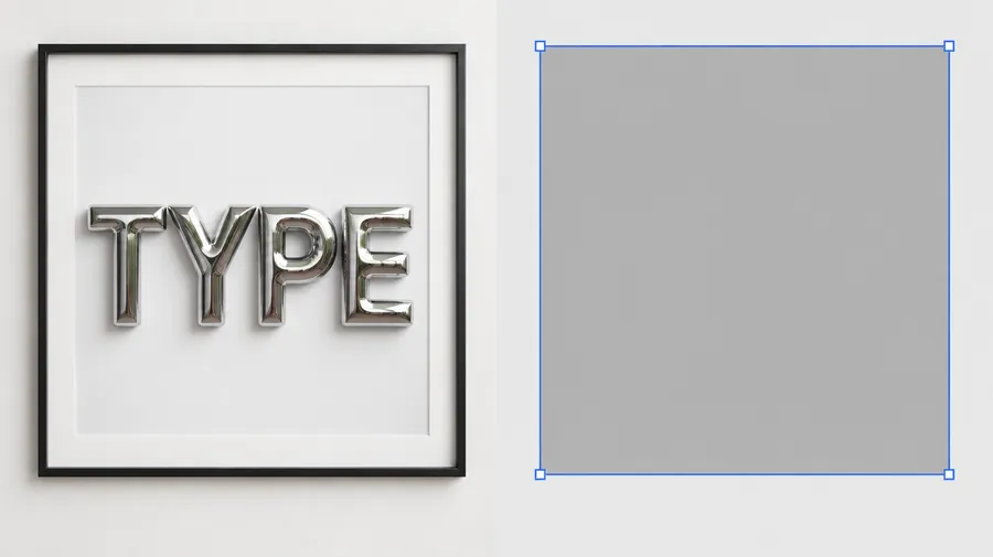Framed chrome artwork of the word TYPE beside an empty grey box with selection handles
