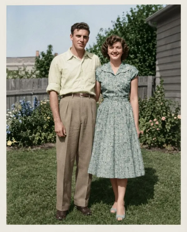 After AI photo restoration and colorization on getimg.ai: the same 1950s couple portrait repaired and brought to full color, the man in a pale yellow shirt and the woman in a blue floral dress in a sunny garden, with the creases, stains and torn edge removed.