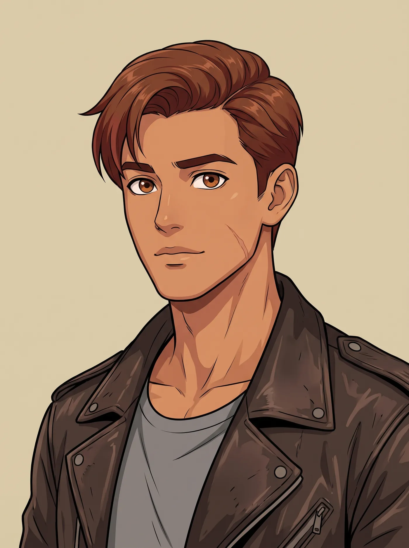 Character creator result on getimg.ai: an anime-style illustration of a young man with swept reddish-brown hair and brown eyes, wearing a brown leather jacket over a grey t-shirt against a plain tan background. Built from selected attributes with no source photo.