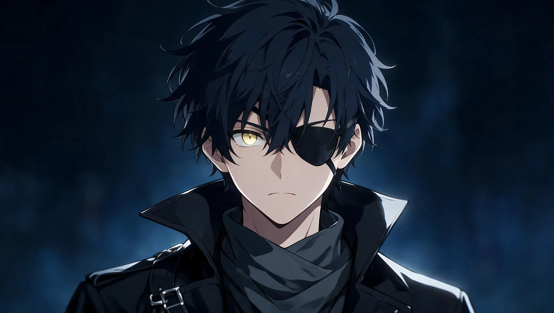 Anime avatar of a young man with dark blue hair, an eyepatch, and a black high-collar coat, made with getimg.ai's AI avatar creator