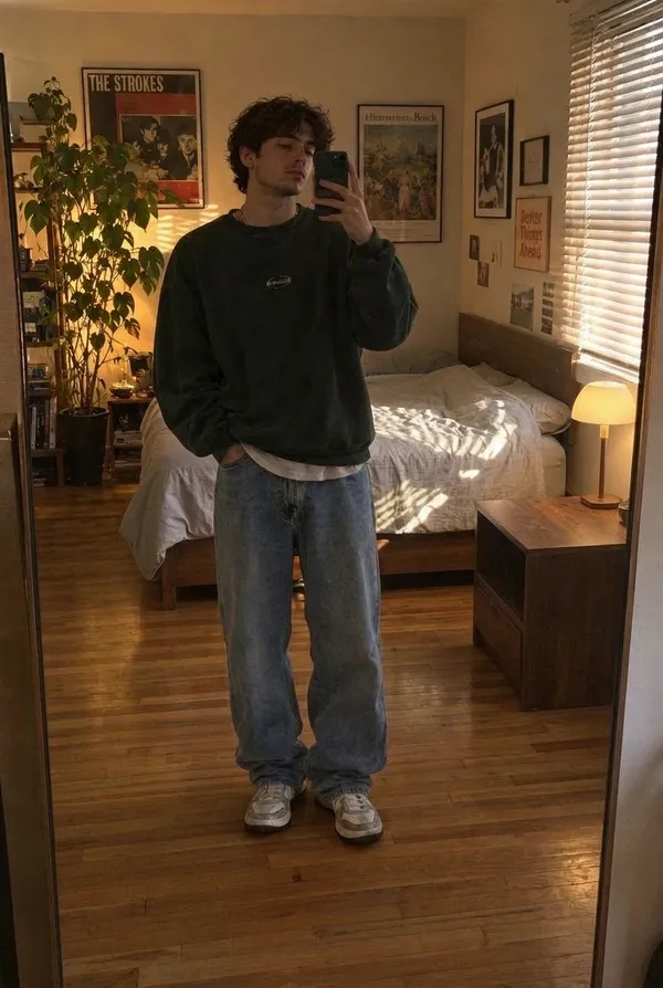 After AI object removal on getimg.ai: the same mirror selfie of the young man in his bedroom, with the scattered clothes, laundry basket, and nightstand clutter removed and the clean wooden floor and tidy room rebuilt behind him.