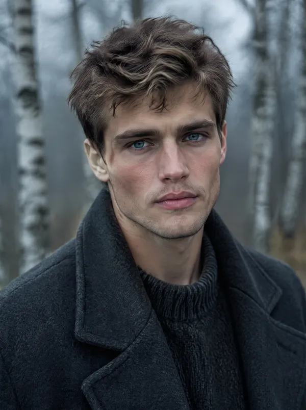 AI headshot of a young man with tousled brown hair and blue eyes, wearing a dark wool coat over a knit sweater, against a misty birch forest for a moody outdoor look. Generated with getimg.ai.
