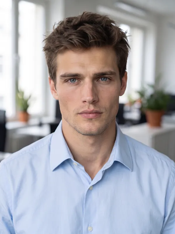 AI headshot of a young man in a light blue dress shirt with short brown hair, framed in a bright, plant-filled office for a clean corporate portrait. Generated with getimg.ai.