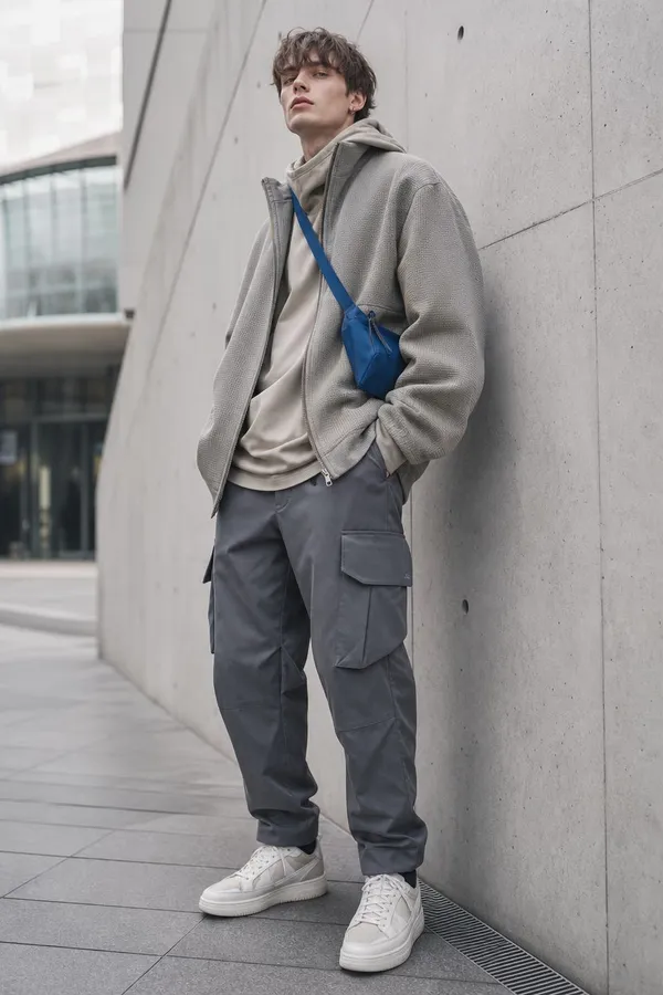 Before AI relighting: a young man in a beige zip fleece, grey cargo trousers and white sneakers with a blue crossbody bag, leaning against a concrete wall in flat, neutral daylight. Example input for the Relight Action on getimg.ai.