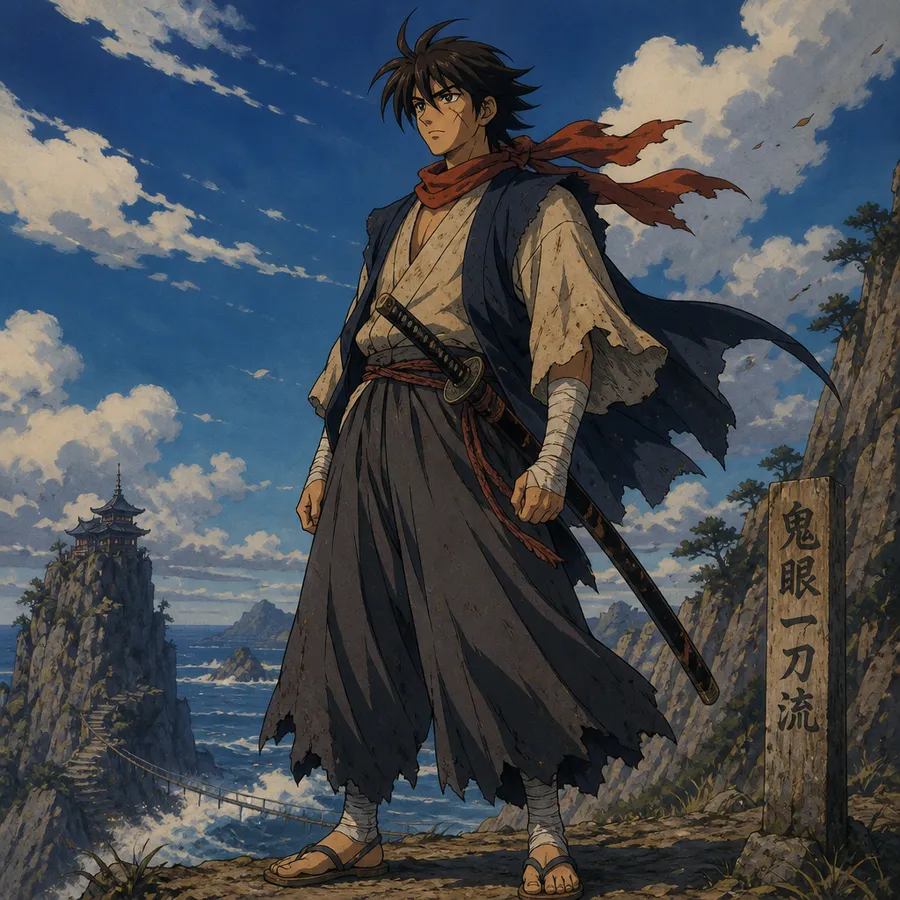 Anime samurai with a red scarf and katana in a tattered robe standing on a cliff above the sea, anime AI art generated with getimg.ai.