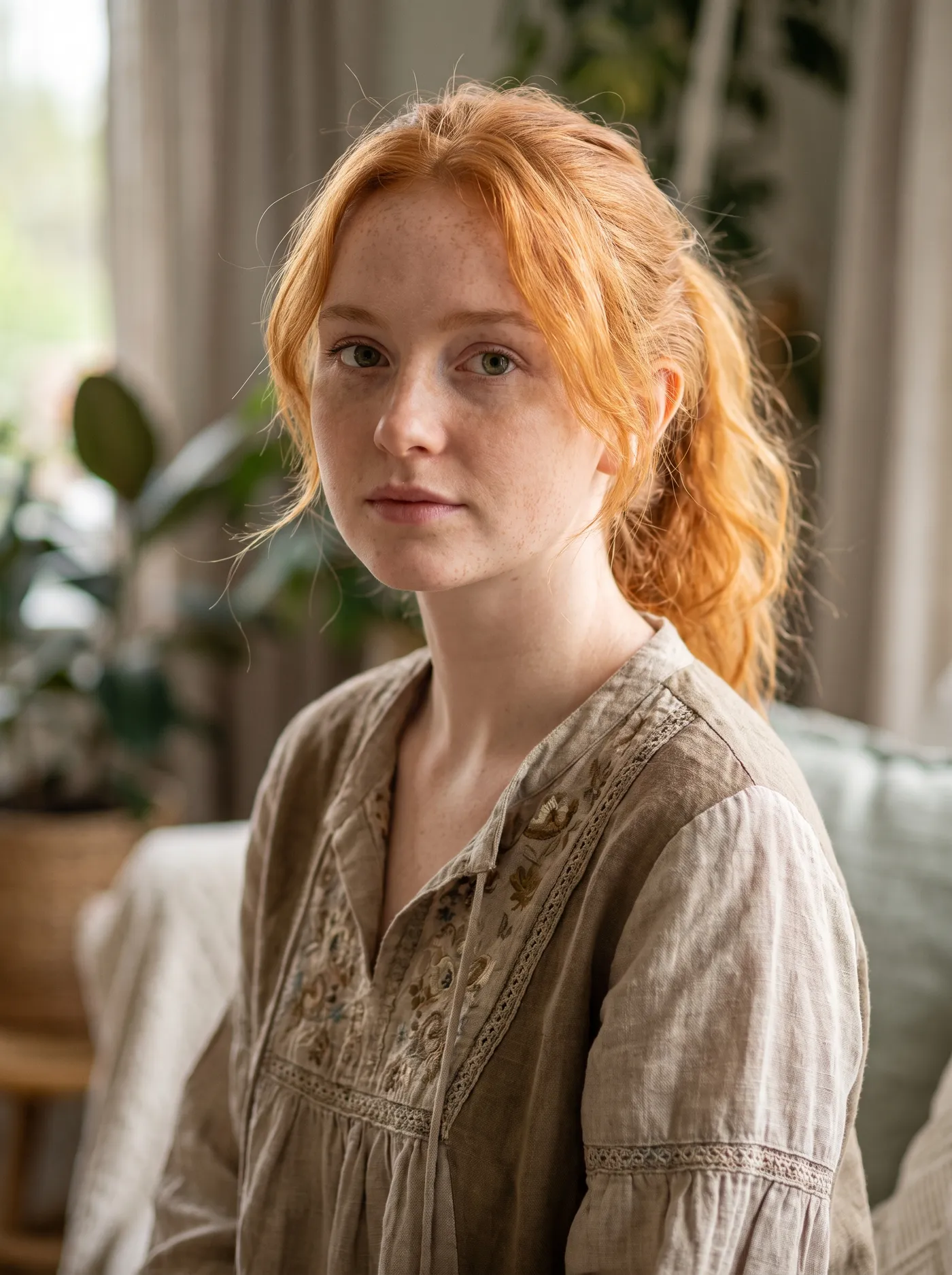 Character creator result on getimg.ai: a photorealistic young woman with ginger hair in a loose ponytail and freckled skin, wearing an embroidered beige linen blouse in a soft, plant-filled room. Built from selected traits with no source image.