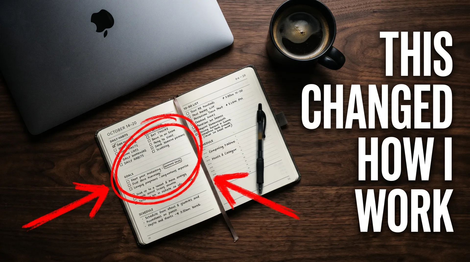 Moody overhead desk thumbnail with a red circle reading This Changed How I Work